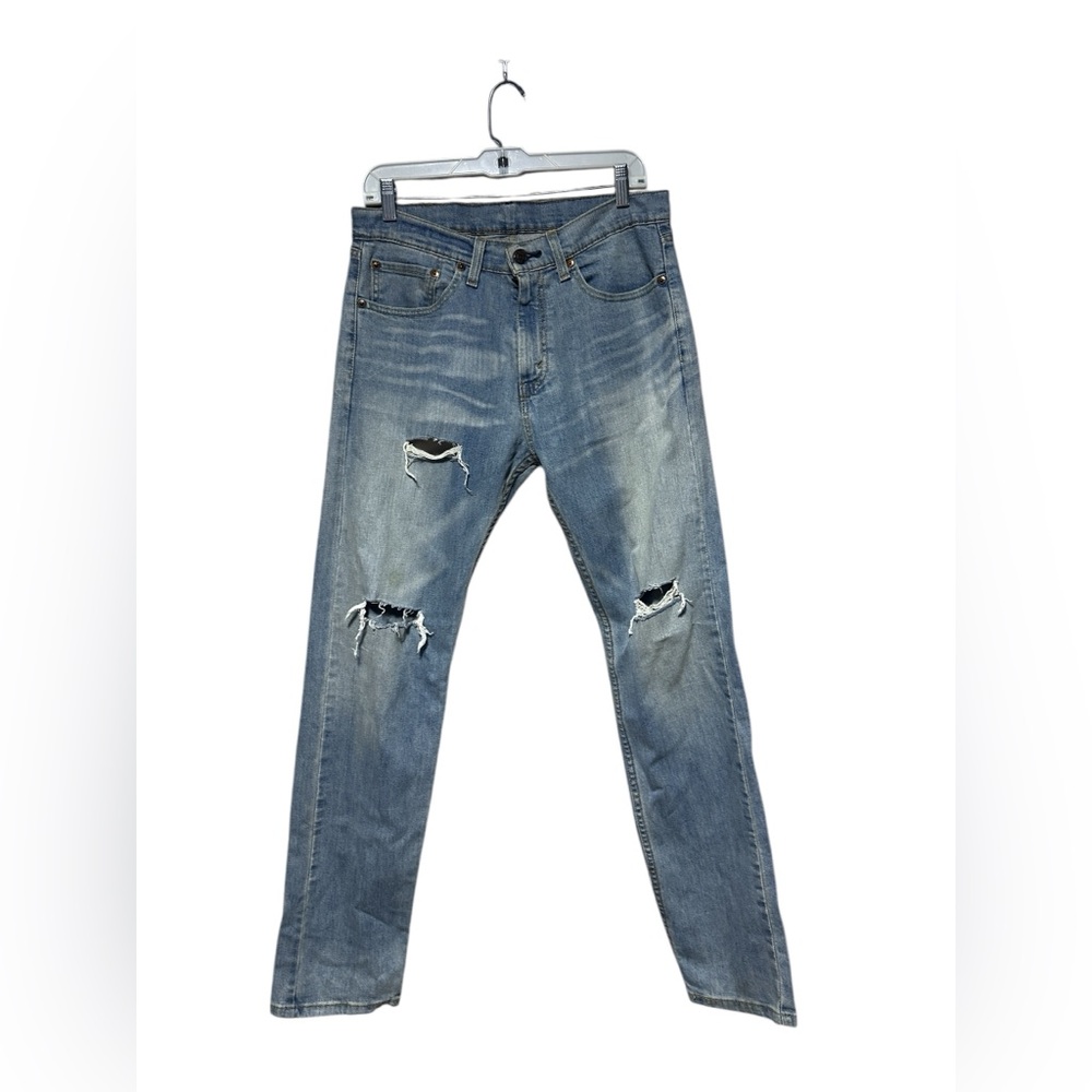 Levi’s 505 Ankle Zipper Distressed Blue Denim Jeans Waterlesst 32 X 34